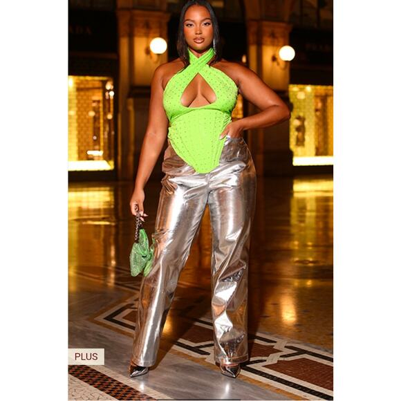 PrettyLittleThing Plus Silver Metallic Coated Straight Leg Pants US Size 16 NWT - Picture 2 of 6